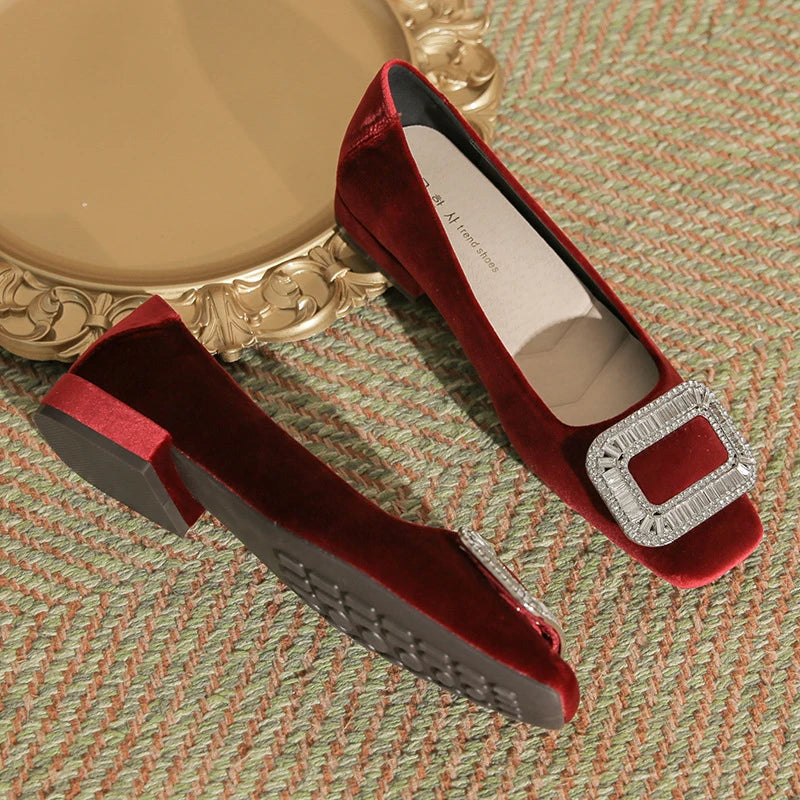 Women's square-toed chunky-heeled flat shoes2026New autumn and winter black suede party shoes with rhinestones,