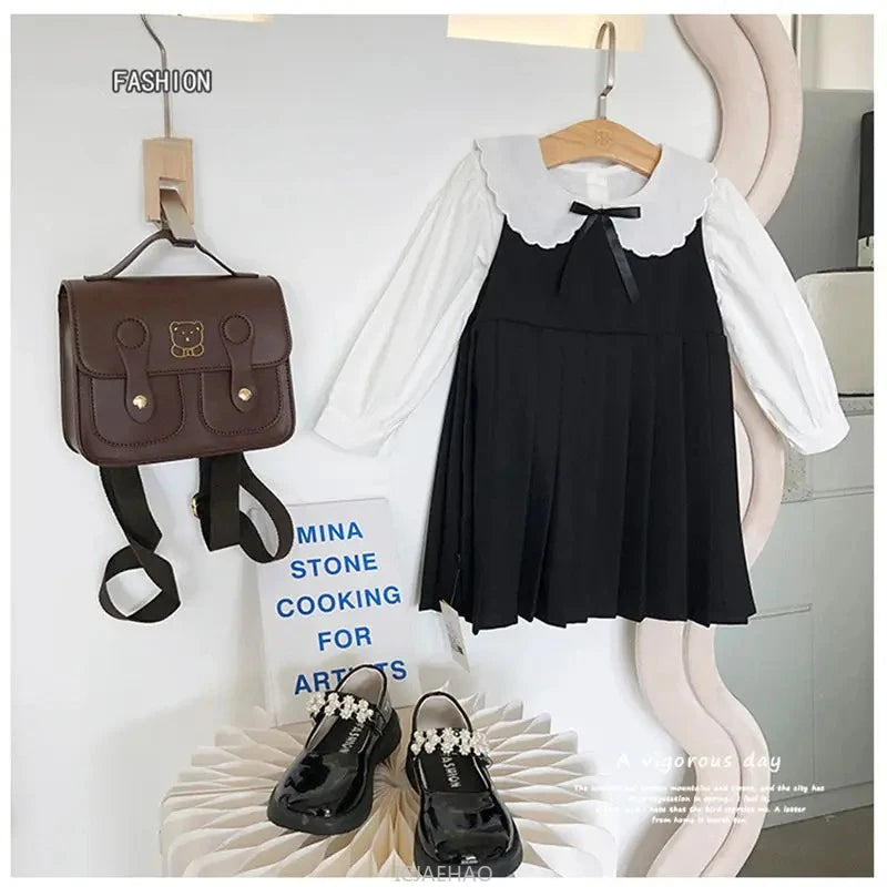 Sundress Black for Girls Children Junior Dress Elementary School Student Uniform Suit School Kids White Blouse Pleated Skirt Set