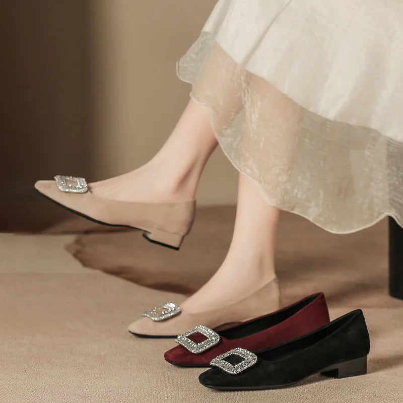 New autumn and winter women's shoes, wedding shoes with rhinestones, women's suede chunky heel shallow soft low-cut daily