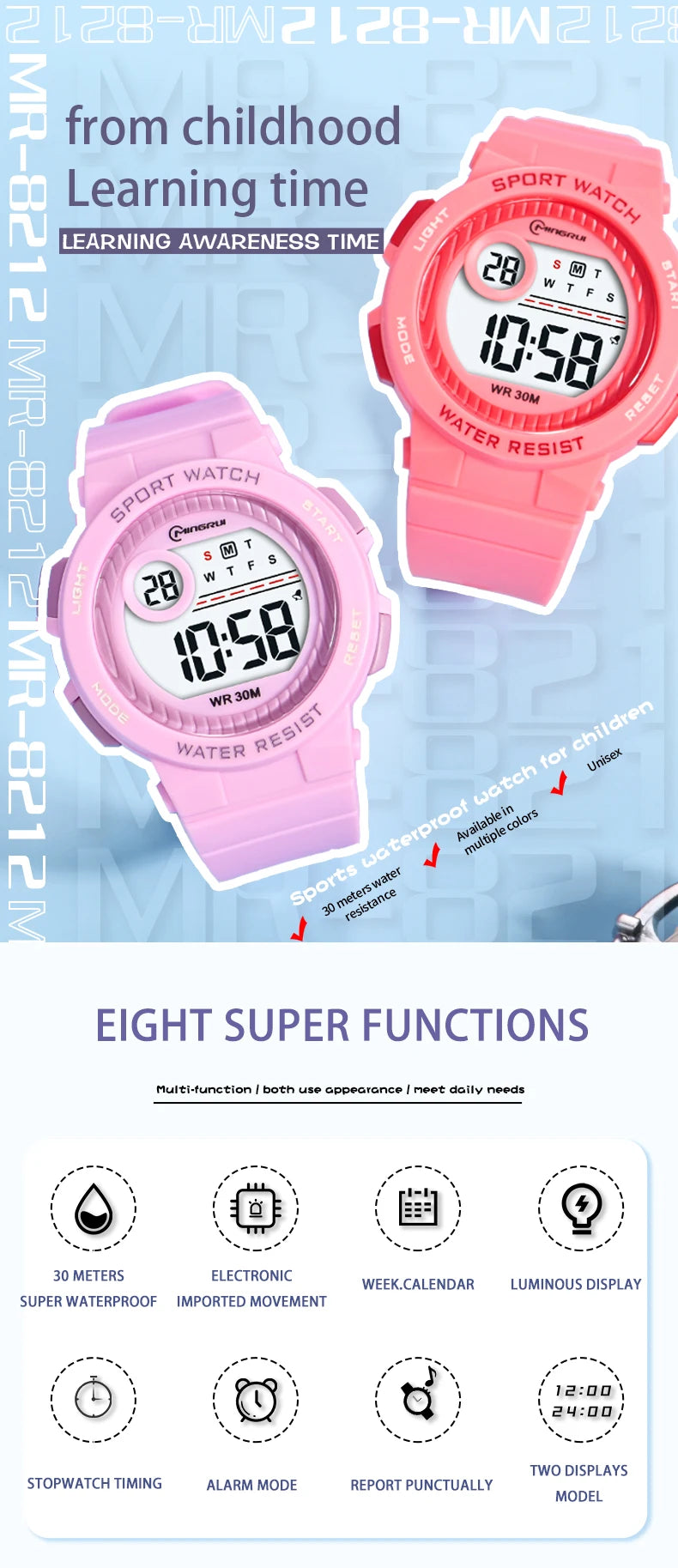 Children Watch Waterproof Digital Watch for Girls Boys Blue Electronic Sport Kid Watches Alarm Swimming Clocks Gifts