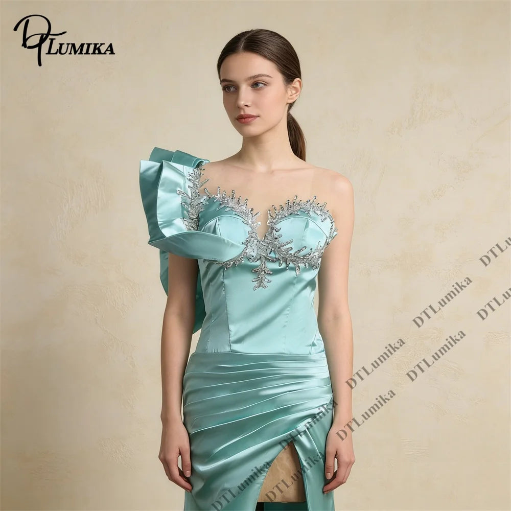 DTLumika Formal Evening Gown One Shoulder Ruffle Beaded Bodice Satin Ruched Slit Customized Prom Dress  Women Party Maxi Dress