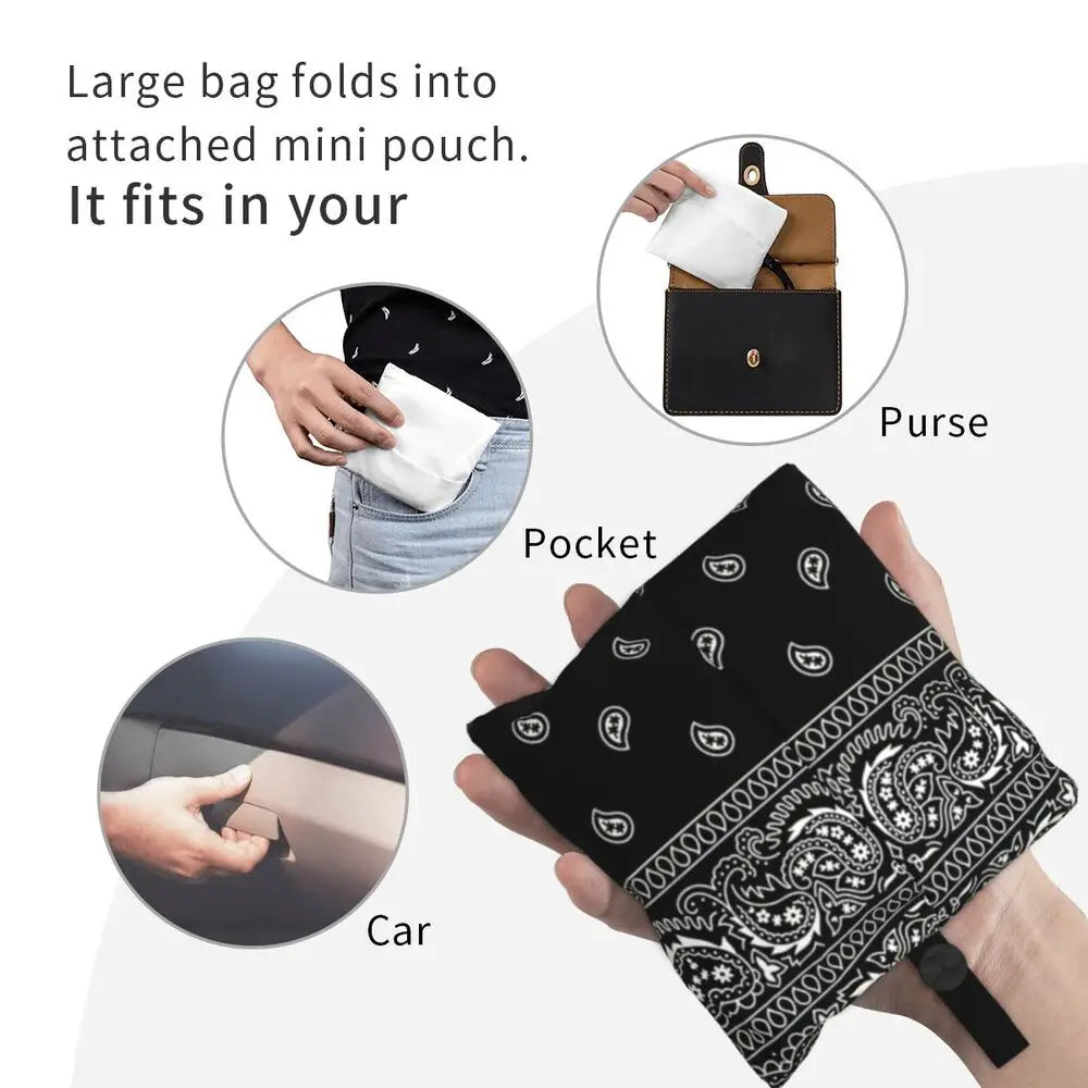 Funny Black Bandana Pattern Shopping Tote Bag Portable Paisley Style Groceries Shopper Shoulder Bag