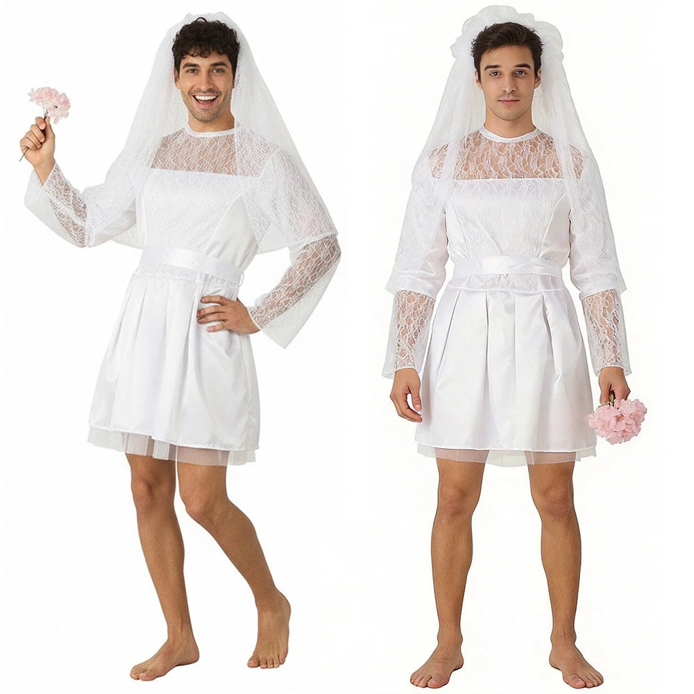Men's White Wedding Dress Male White Bride Costume Funny and Creative Costume for Bachelor Parties Halloween and Other Parties