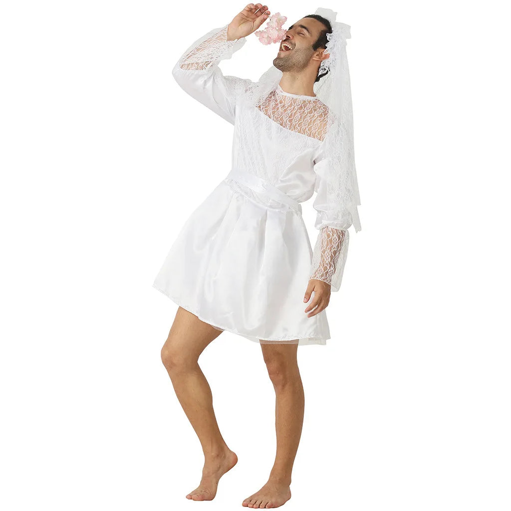 Men's White Wedding Dress Male White Bride Costume Funny and Creative Costume for Bachelor Parties Halloween and Other Parties