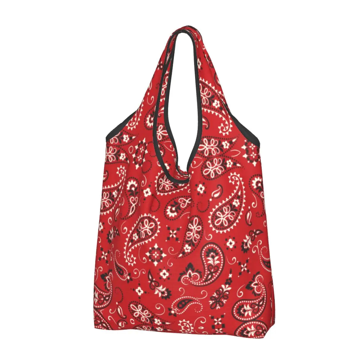 Funny Black Bandana Pattern Shopping Tote Bag Portable Paisley Style Groceries Shopper Shoulder Bag