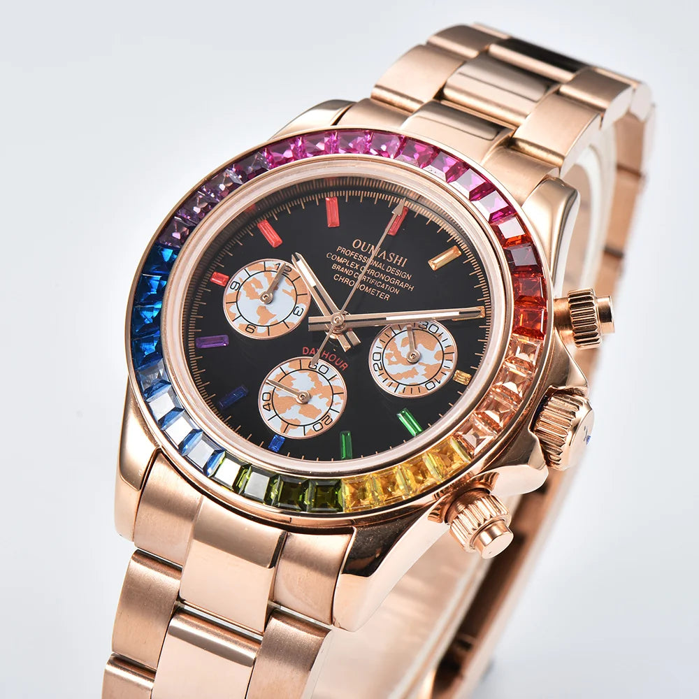 Luxury men's watch rose gold rainbow watch VK63 watch sapphire glass waterproof watch 39.3 case watch support customized logo