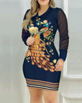 Elegant  Dress For Women Fall Mesh Long Sleeve Turn-down Collar Printed Dress