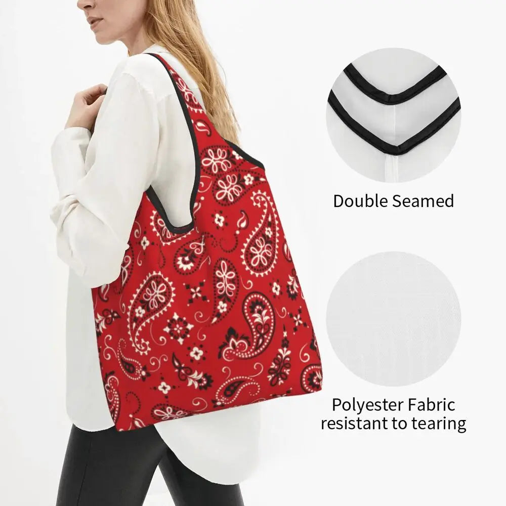Funny Black Bandana Pattern Shopping Tote Bag Portable Paisley Style Groceries Shopper Shoulder Bag