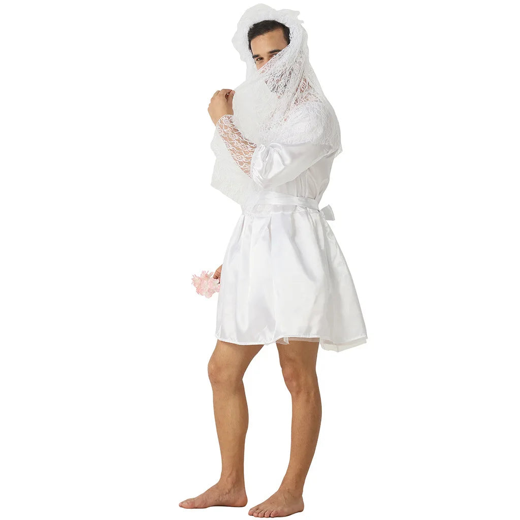 Men's White Wedding Dress Male White Bride Costume Funny and Creative Costume for Bachelor Parties Halloween and Other Parties