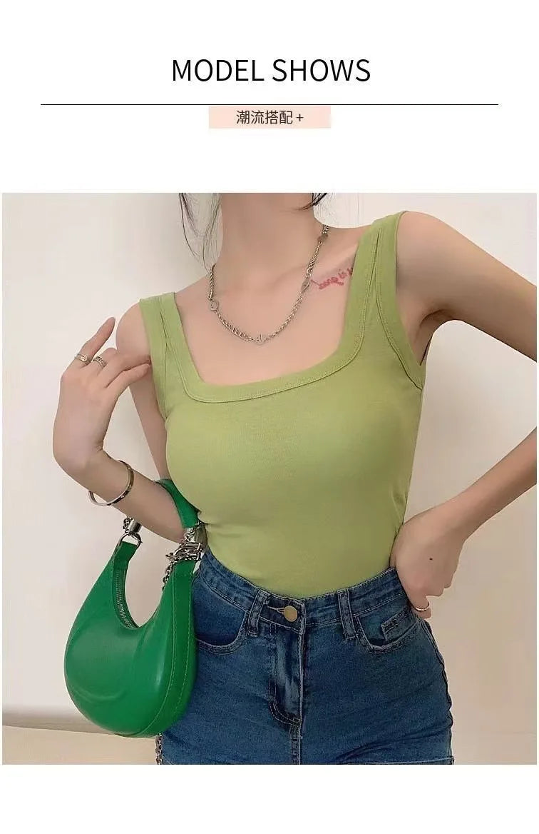 Pure Cotton Square Neck Vest for Women with Chest Pad Sling Bottoming Sexy Short Top Tank Top Women Wholesale 여성용 조끼