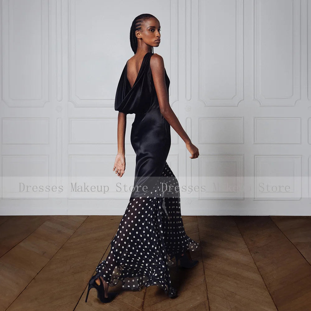 Modern Evening Dress Black Satin Dots Chiffon Backless Sexy Evening Gown Mermaid Sleeveless Trumpet Women's Formal Party Dresses
