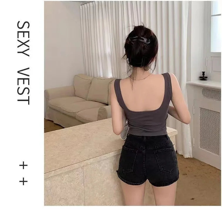 Pure Cotton Square Neck Vest for Women with Chest Pad Sling Bottoming Sexy Short Top Tank Top Women Wholesale 여성용 조끼