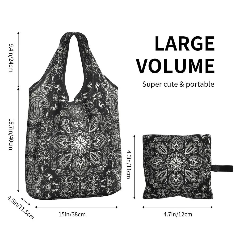 Funny Black Bandana Pattern Shopping Tote Bag Portable Paisley Style Groceries Shopper Shoulder Bag