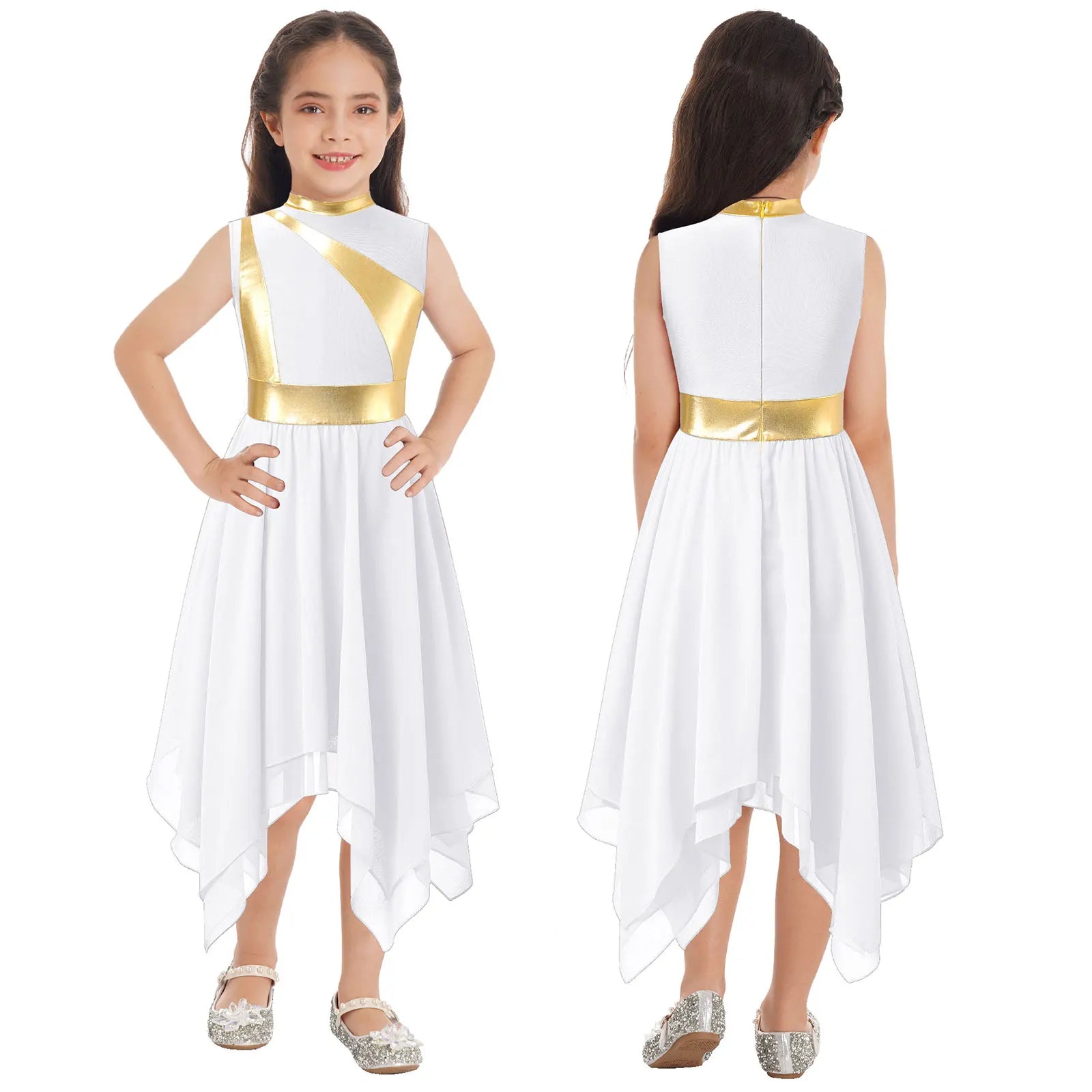 Teen Girls Modern Lyrical Ballroom Dance Performance Costume Sleeveless Asymmetrical Hem Dress Church Choir Worship Robe Gown