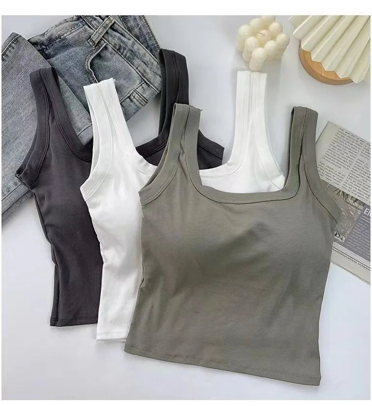 Pure Cotton Square Neck Vest for Women with Chest Pad Sling Bottoming Sexy Short Top Tank Top Women Wholesale 여성용 조끼