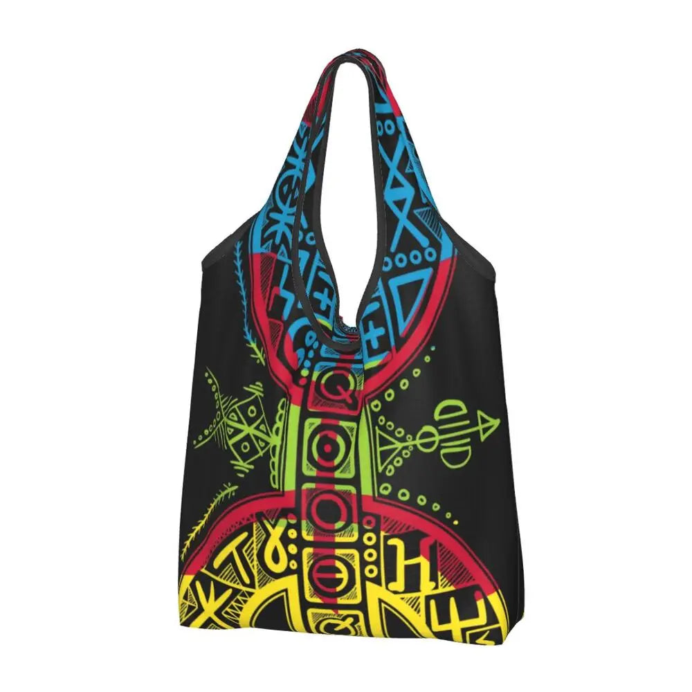 Custom Kabyle Jewelry Shopping Bags Women Portable Large Capacity Groceries Amazigh Carpet Berber Shopper Tote Bags