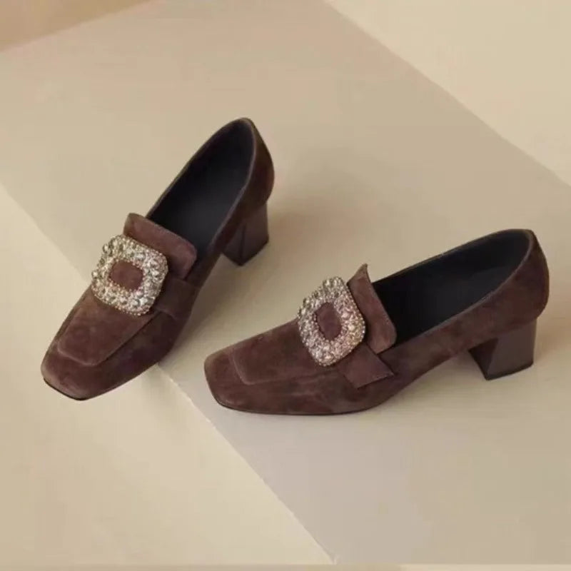 Autumn Winter New Women Loafers Low Heels Boat Shoes Square Toe Dress Shoes Chain Faux Suede Plush Warm Ladies Shoes Plus Size