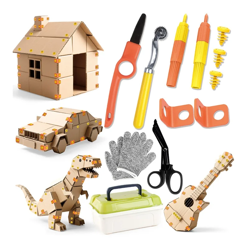 Cardboard Tools With Cutter& Tool Box(150 PCS) For Kids For Family& Team Construction Kits Activity