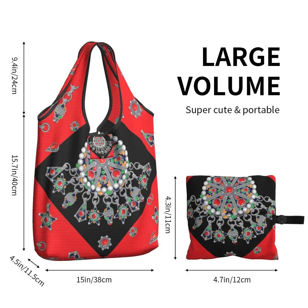 Custom Kabyle Jewelry Shopping Bags Women Portable Large Capacity Groceries Amazigh Carpet Berber Shopper Tote Bags