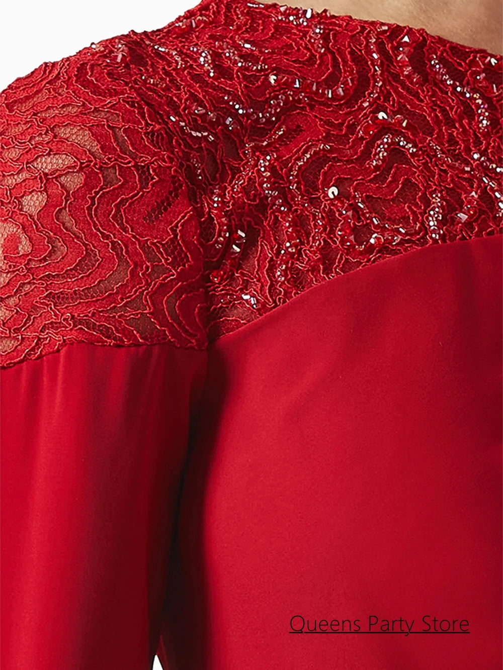 Evening Dress for Woman Customized Round Neck Full Sleeves Sequined Lace Pleat Red Prom Gown Arabian Party Dresses