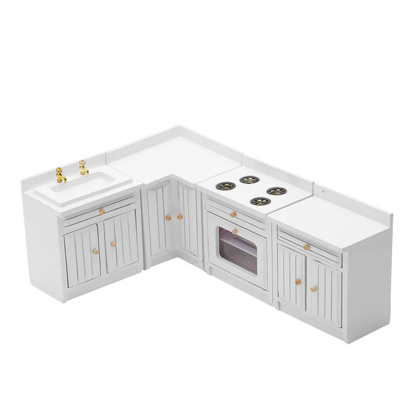 Exquisite 1:12 Miniature Dollhouse Kitchen Cabinet and Sink Set  Cooking Table and Miniature Food Models Birch