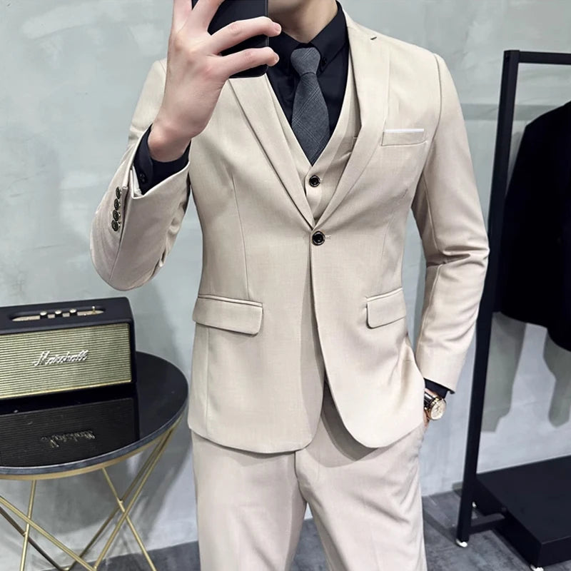 Groom's Wedding Dress ( Jacket + Vest + Pants ) High End Brand Solid Color Men's Casual Business Office Formal Suit 3Pcs Sets