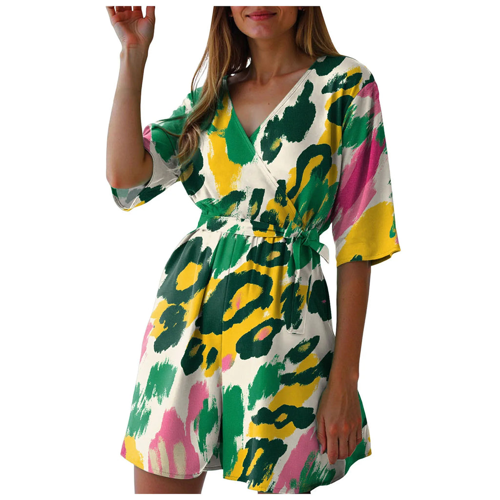 Fashionable Printed V-Neck Short Jumpsuits For Woman Summer Short-Sleeve Casual Rompers Holiday Beach Outfit Jumpsuit Shorts