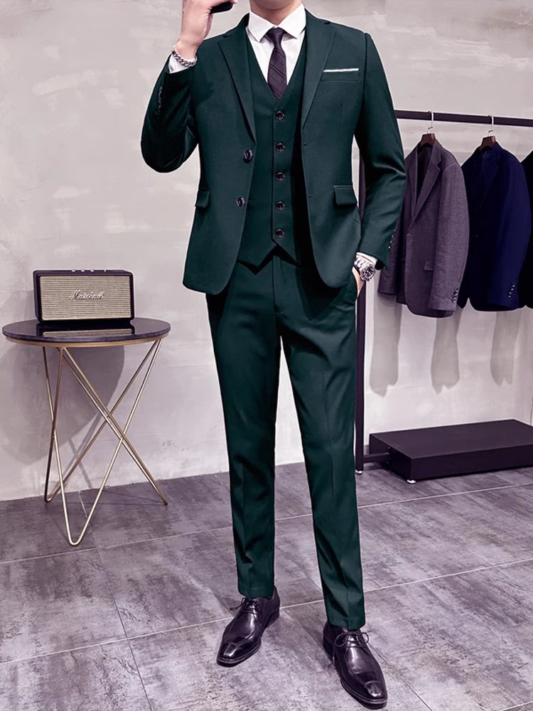Groom's Wedding Dress ( Jacket + Vest + Pants ) High End Brand Solid Color Men's Casual Business Office Formal Suit 3Pcs Sets