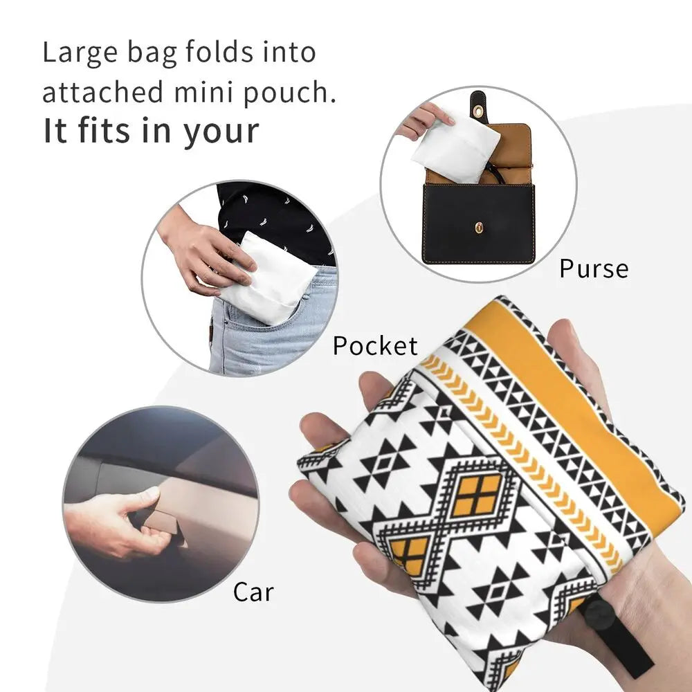 Custom Kabyle Jewelry Shopping Bags Women Portable Large Capacity Groceries Amazigh Carpet Berber Shopper Tote Bags