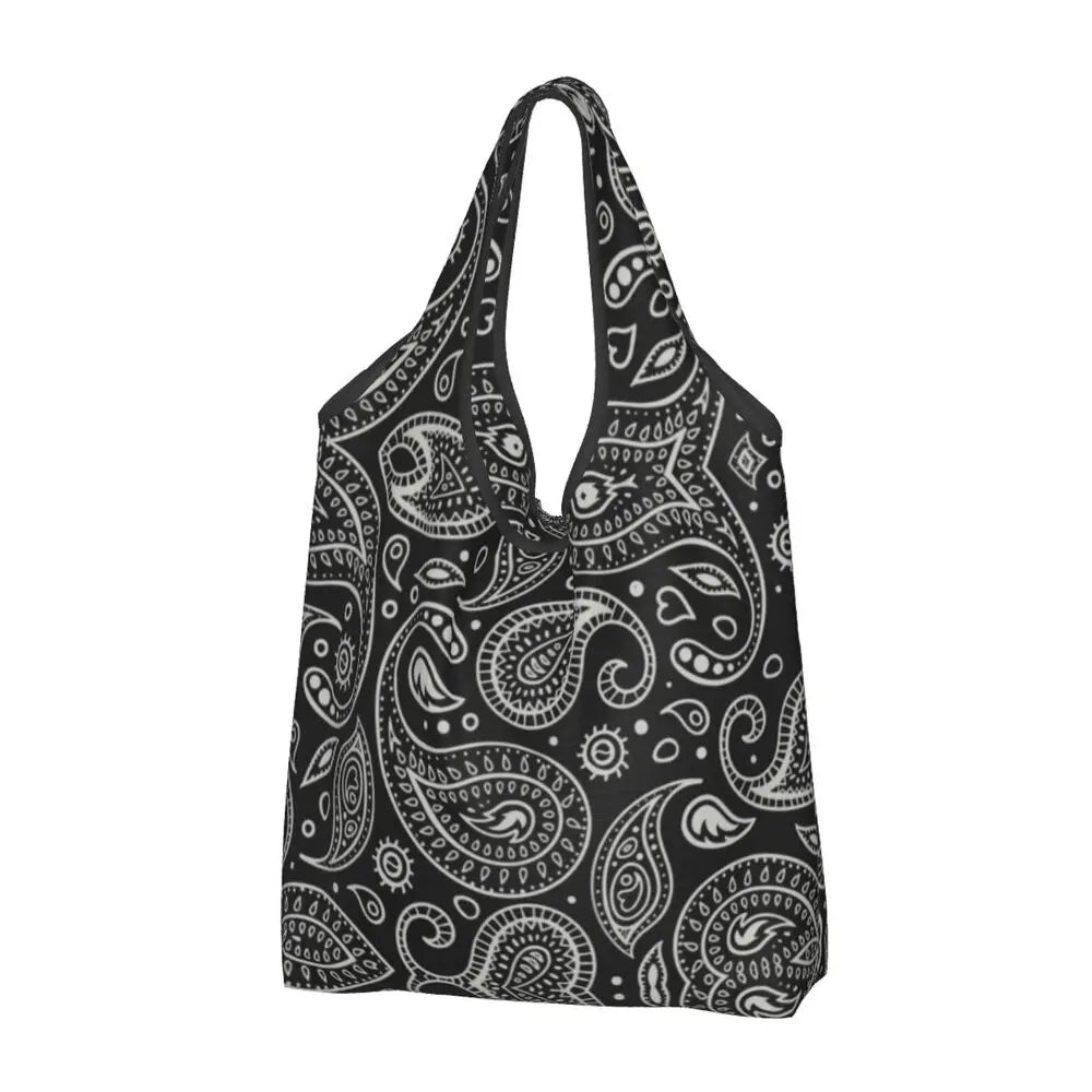 Funny Black Bandana Pattern Shopping Tote Bag Portable Paisley Style Groceries Shopper Shoulder Bag