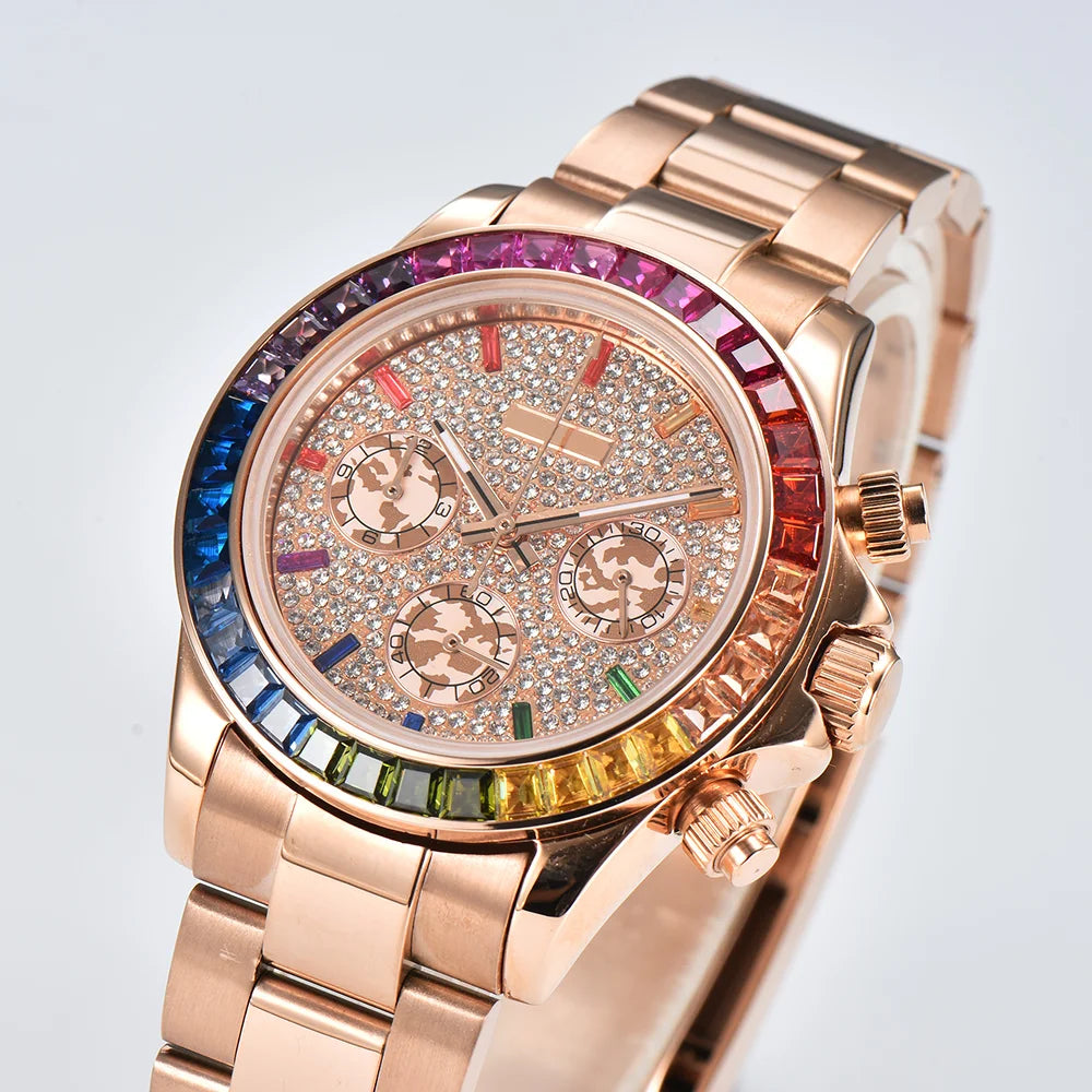 Luxury men's watch rose gold rainbow watch VK63 watch sapphire glass waterproof watch 39.3 case watch support customized logo