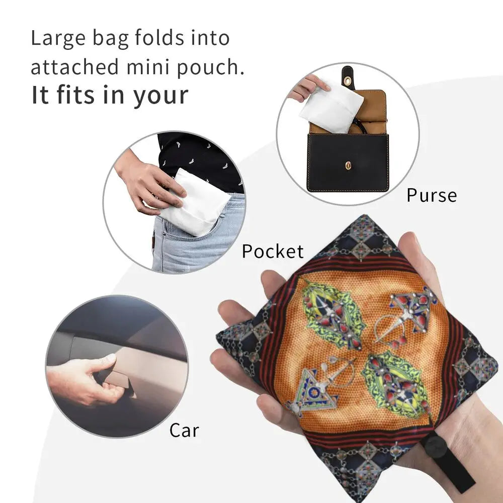 Custom Kabyle Jewelry Shopping Bags Women Portable Large Capacity Groceries Amazigh Carpet Berber Shopper Tote Bags