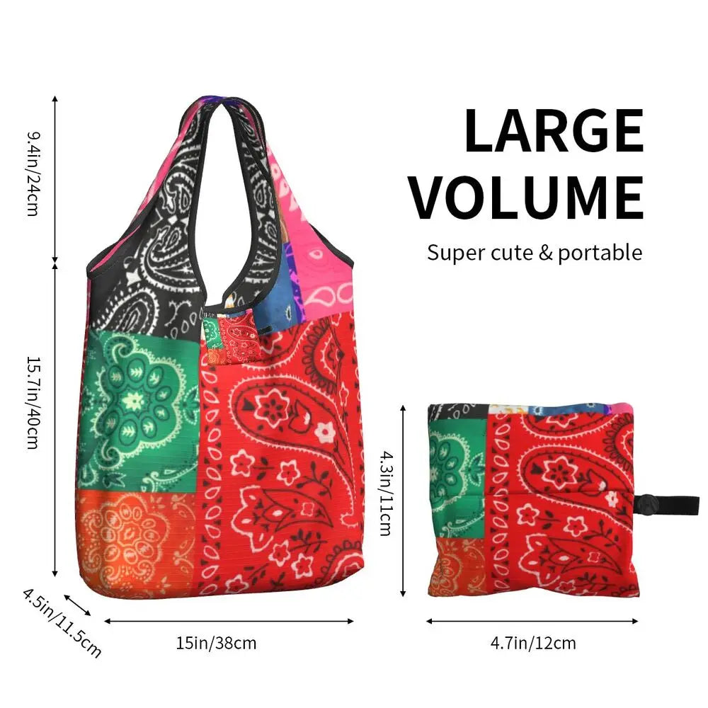 Funny Black Bandana Pattern Shopping Tote Bag Portable Paisley Style Groceries Shopper Shoulder Bag