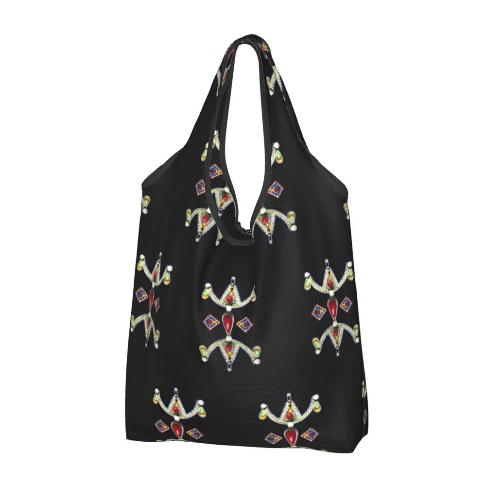 Custom Kabyle Jewelry Shopping Bags Women Portable Large Capacity Groceries Amazigh Carpet Berber Shopper Tote Bags