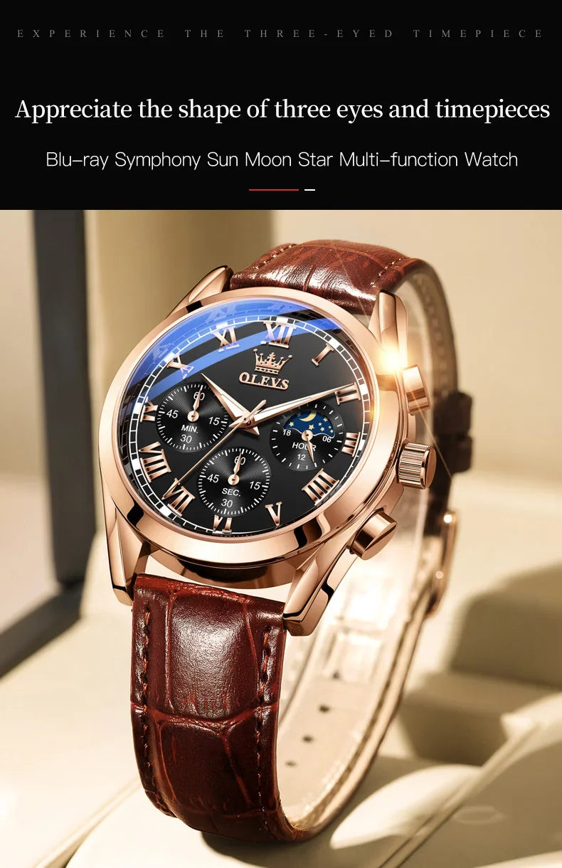 OLEVS 2871 Men Watch Quartz Watch Multifunctional Chronograph Watch Man Waterproof Luminous Moon Phase Watch