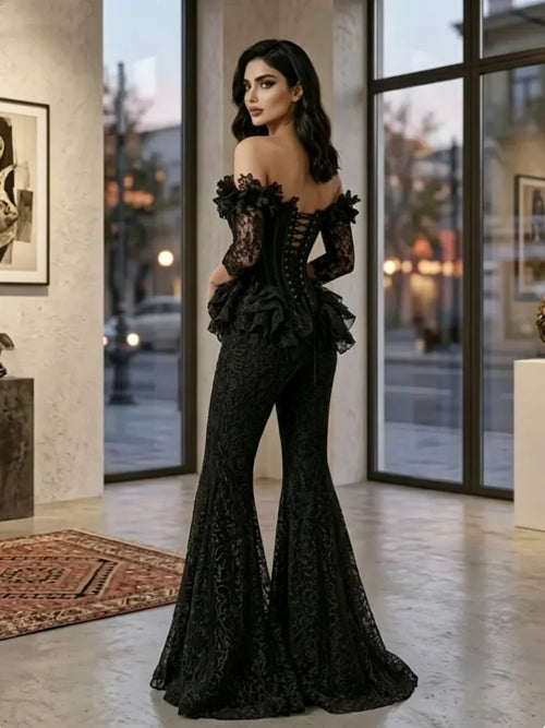 Black Flared Trousers Prom Dress Off-Shoulder Dubai vestidos elegantes Lace Half-Sleeve Corseted Formal Evening Gown Customized