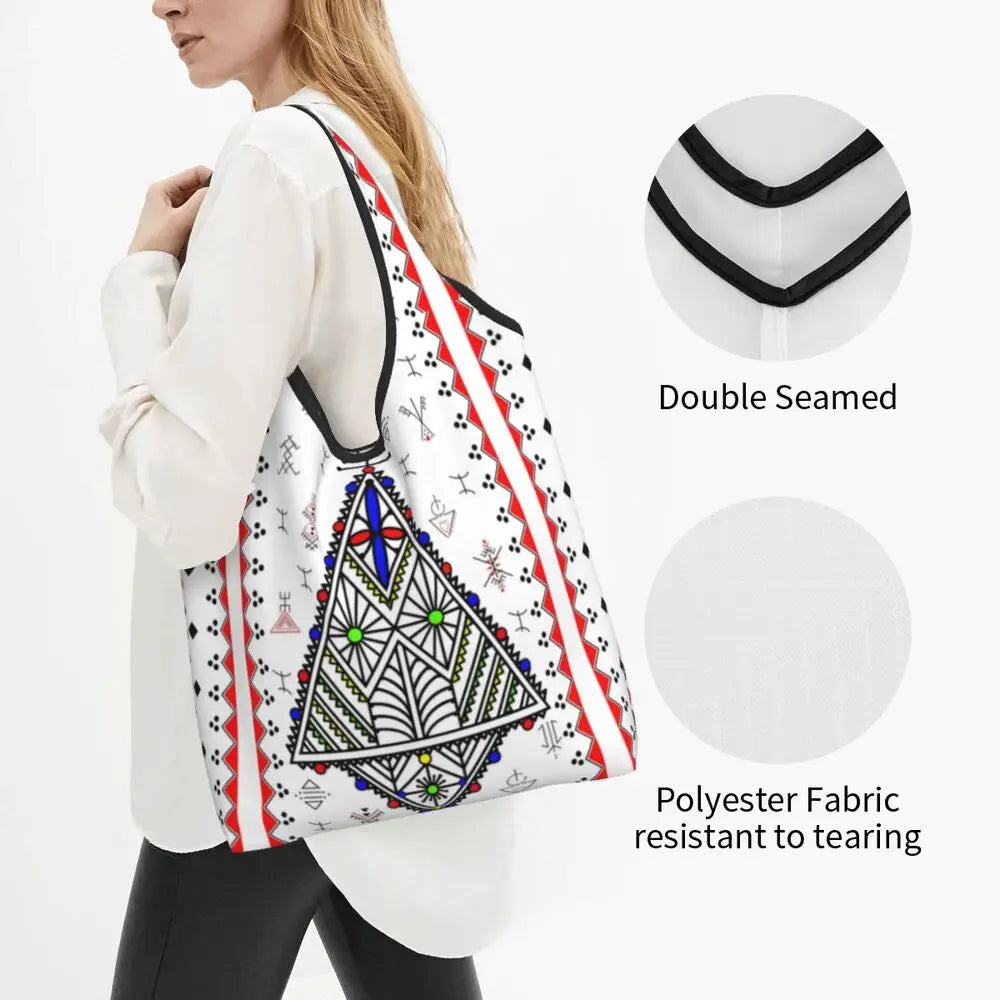 Custom Kabyle Jewelry Shopping Bags Women Portable Large Capacity Groceries Amazigh Carpet Berber Shopper Tote Bags
