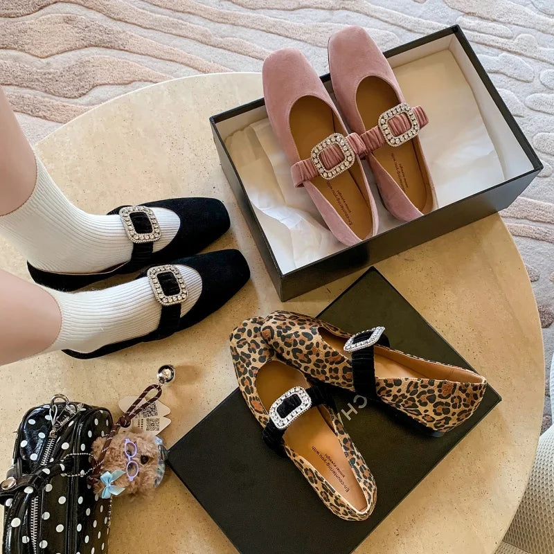 MKKHOU Fashion Women's Shoes New High Quality Suede Shoes Crystal Buckle Square Head Shallow Mouth Lightweight Flats Shoes