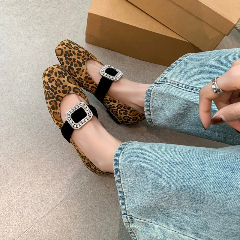 MKKHOU Fashion Women's Shoes New High Quality Suede Shoes Crystal Buckle Square Head Shallow Mouth Lightweight Flats Shoes