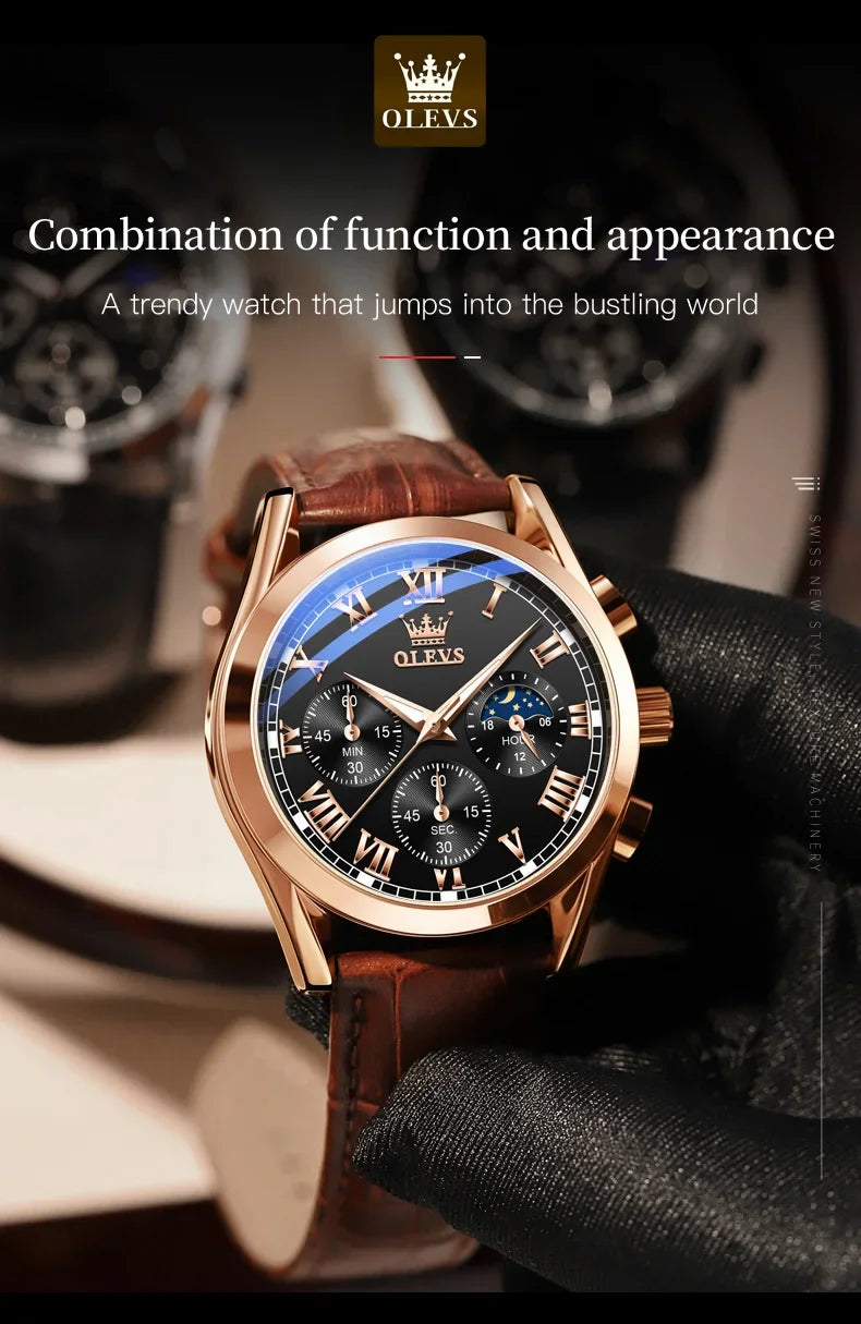 OLEVS 2871 Men Watch Quartz Watch Multifunctional Chronograph Watch Man Waterproof Luminous Moon Phase Watch