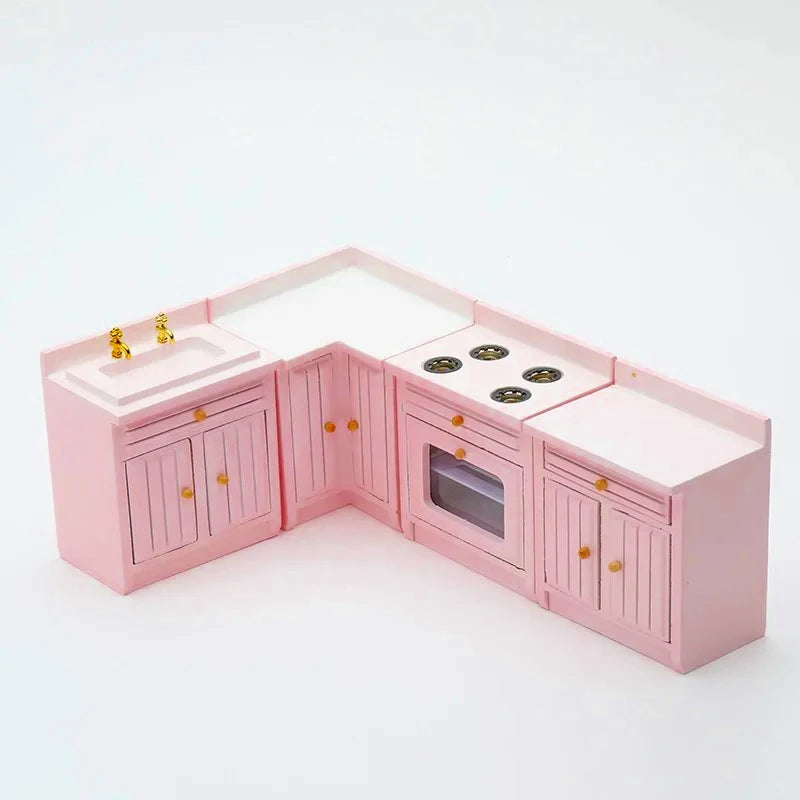 Exquisite 1:12 Miniature Dollhouse Kitchen Cabinet and Sink Set  Cooking Table and Miniature Food Models Birch