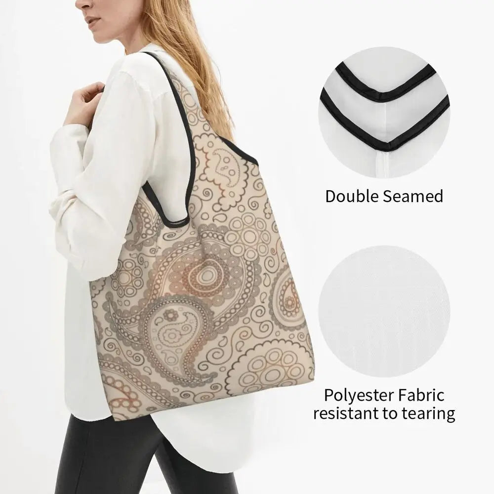 Funny Black Bandana Pattern Shopping Tote Bag Portable Paisley Style Groceries Shopper Shoulder Bag