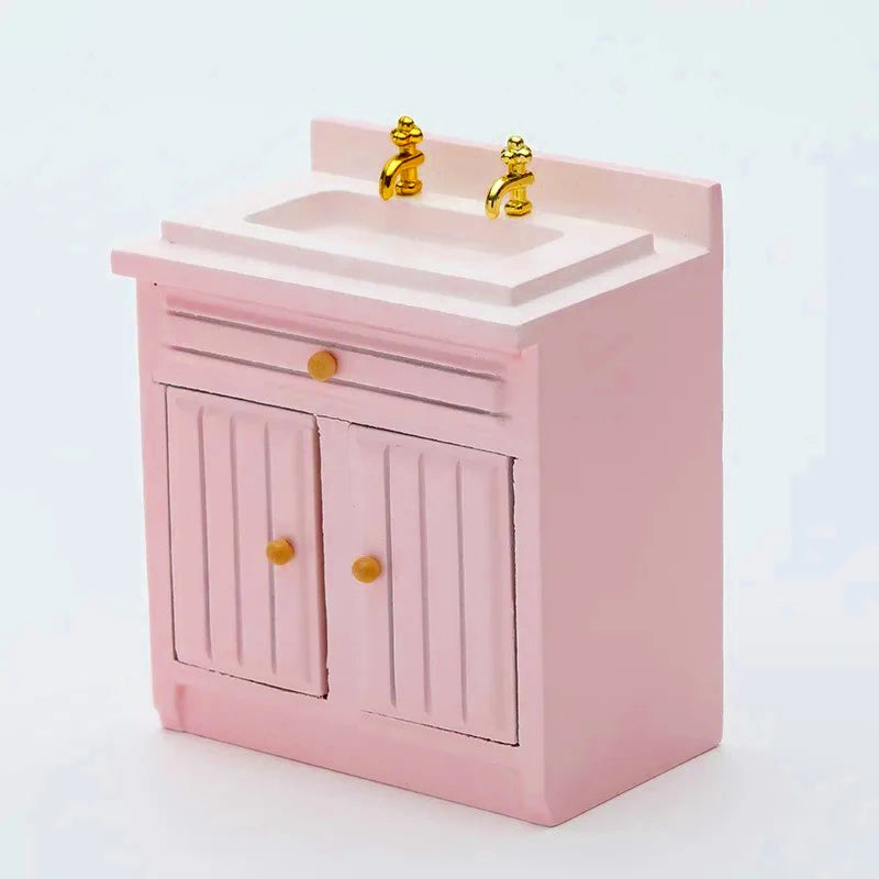 Exquisite 1:12 Miniature Dollhouse Kitchen Cabinet and Sink Set  Cooking Table and Miniature Food Models Birch