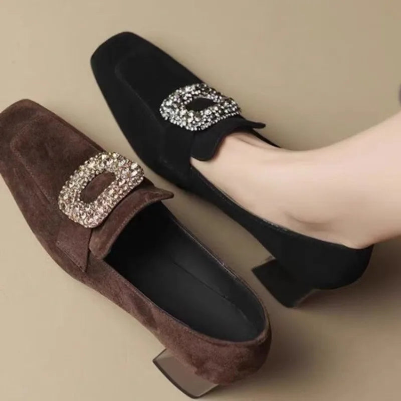 Autumn Winter New Women Loafers Low Heels Boat Shoes Square Toe Dress Shoes Chain Faux Suede Plush Warm Ladies Shoes Plus Size