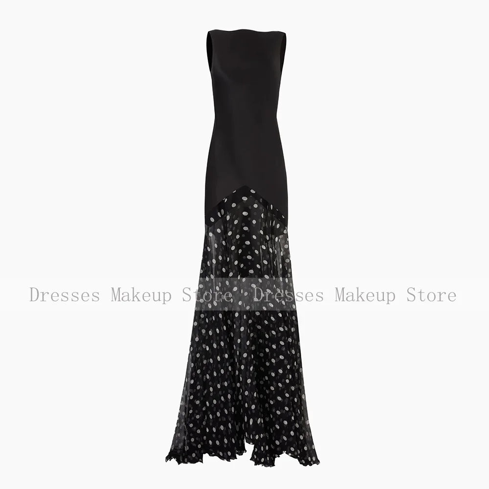 Modern Evening Dress Black Satin Dots Chiffon Backless Sexy Evening Gown Mermaid Sleeveless Trumpet Women's Formal Party Dresses