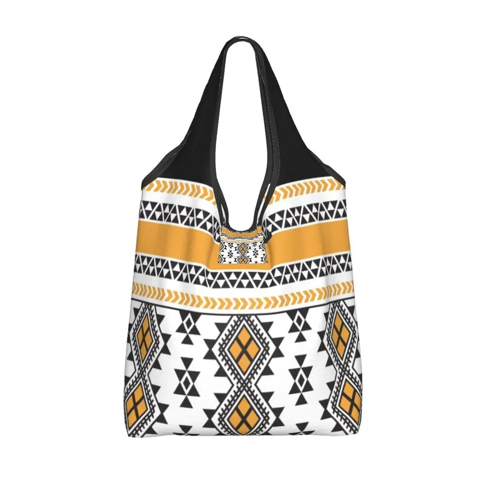Custom Kabyle Jewelry Shopping Bags Women Portable Large Capacity Groceries Amazigh Carpet Berber Shopper Tote Bags