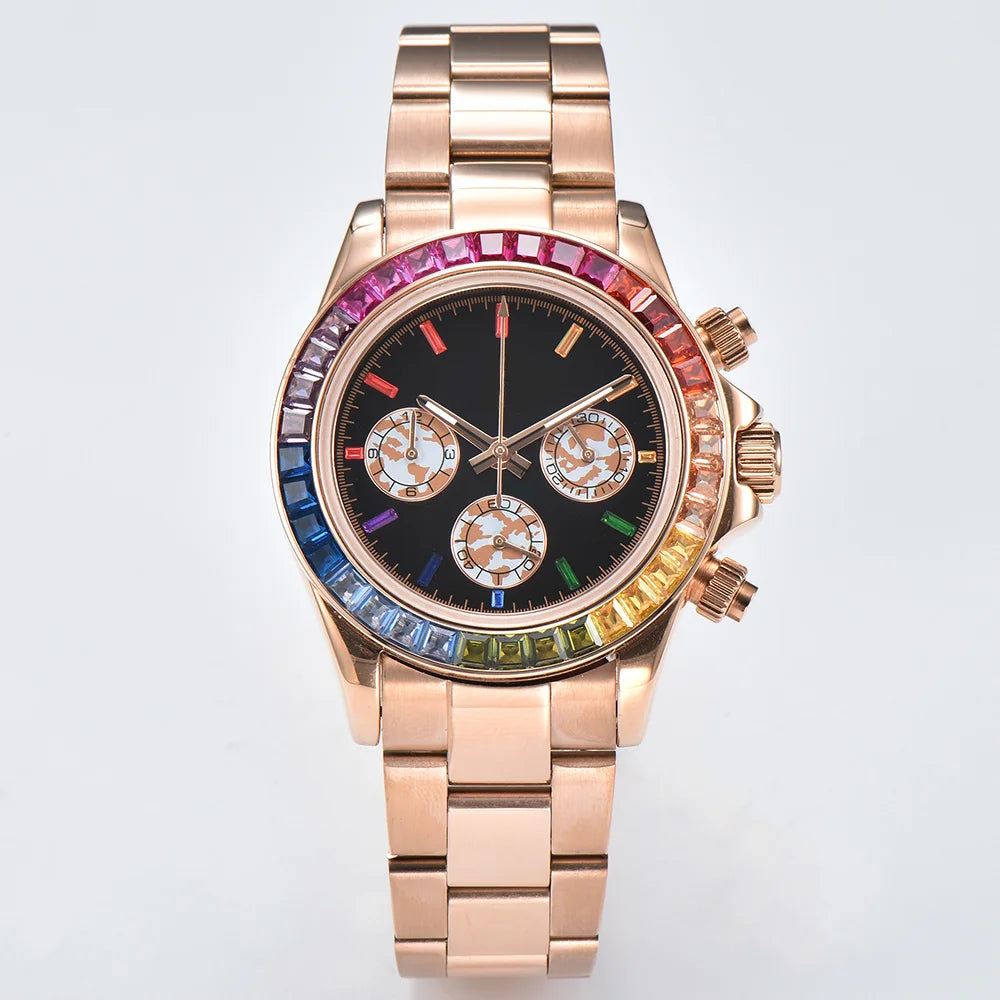 Luxury men's watch rose gold rainbow watch VK63 watch sapphire glass waterproof watch 39.3 case watch support customized logo