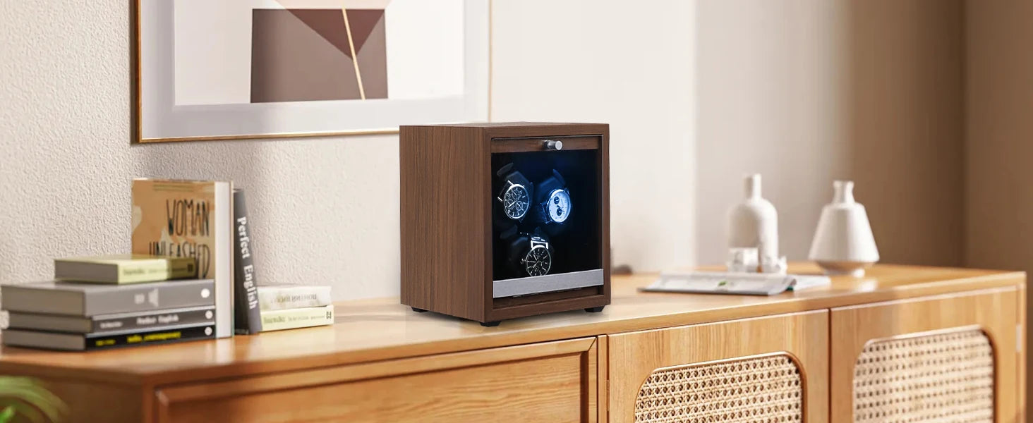 Watch Winder for Automatic Watches Box Storage Dustproof Mechanical Watch Case Black Walnut Wood Safe Mata Box LED Ambient Light