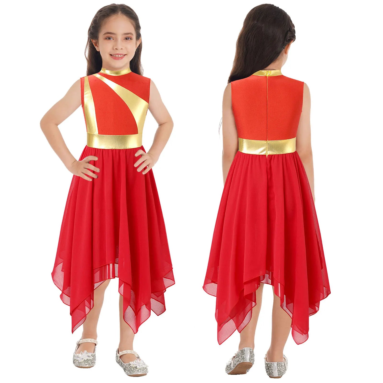 Teen Girls Modern Lyrical Ballroom Dance Performance Costume Sleeveless Asymmetrical Hem Dress Church Choir Worship Robe Gown