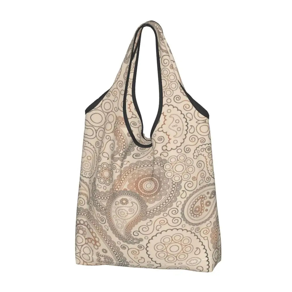 Funny Black Bandana Pattern Shopping Tote Bag Portable Paisley Style Groceries Shopper Shoulder Bag